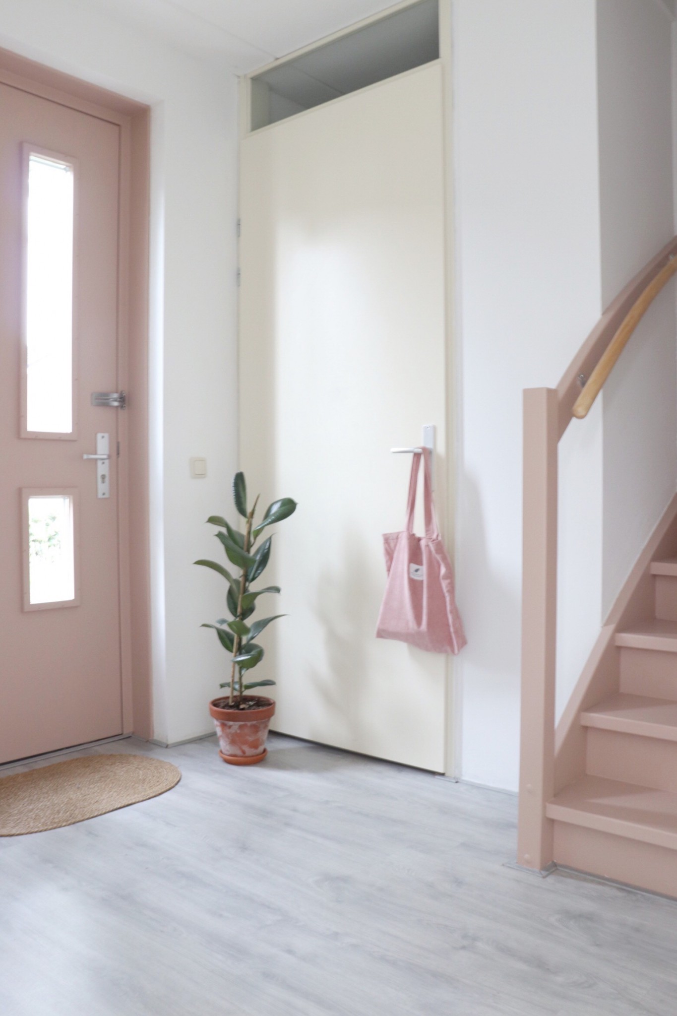 de hal met een roze voordeur en roze trap 
